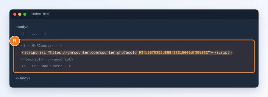 Выделенный код счётчика в HTML-коде сайта
