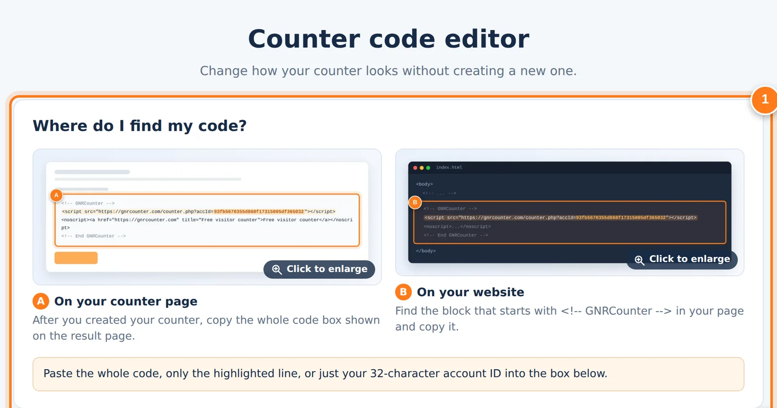 Редактор кода GNRCounter с областью поиска кода и полем для его вставки