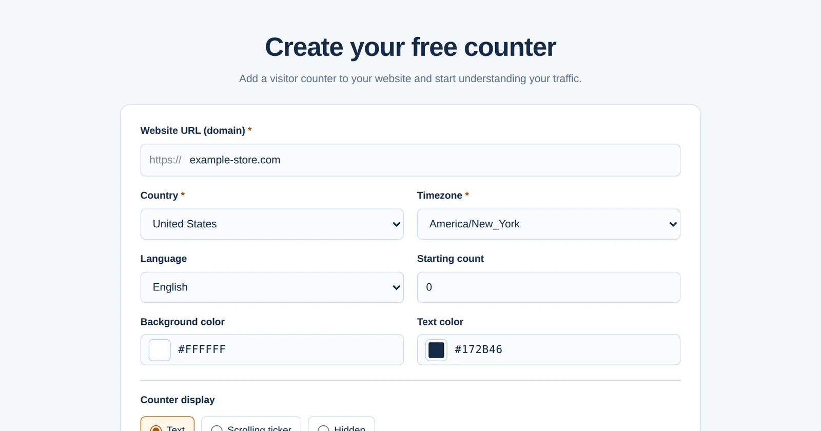 Форма GNRCounter для создания бесплатного счётчика с сайтом, страной, часовым поясом, языком и настройками вида
